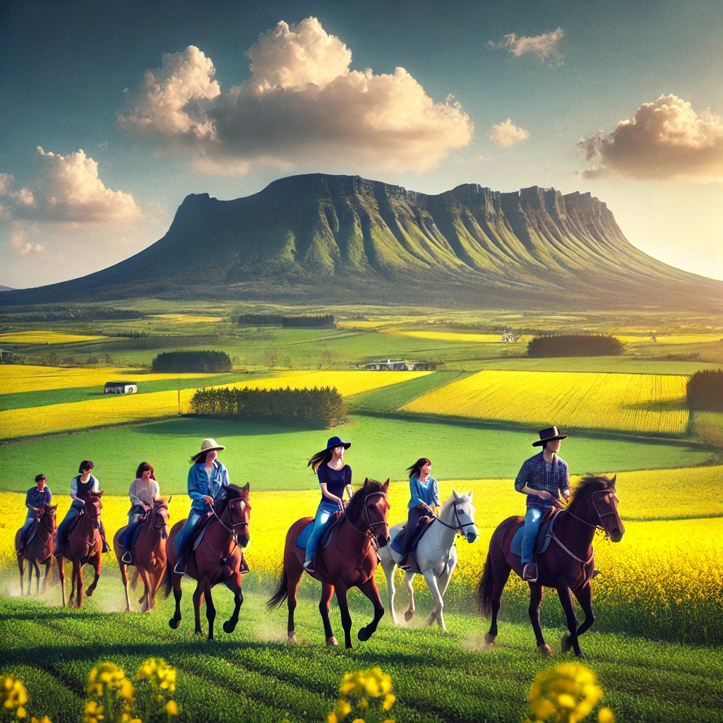 제주도의 푸른 초원에서 말을 타고 달리는 여행객, 유채꽃밭과 한라산을 배경으로 한 아름다운 승마 체험
