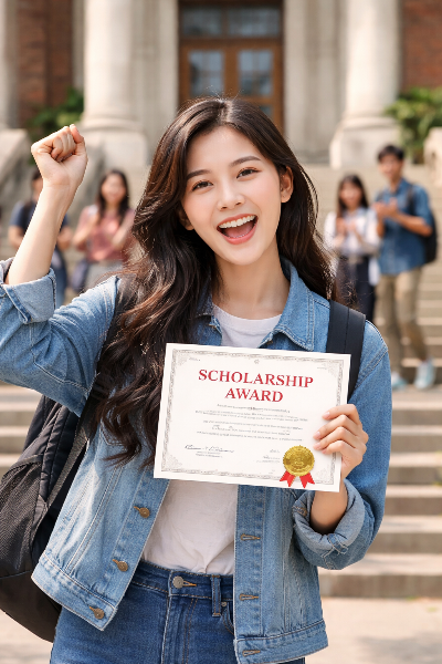 장학증서 들고 있는 여대생 