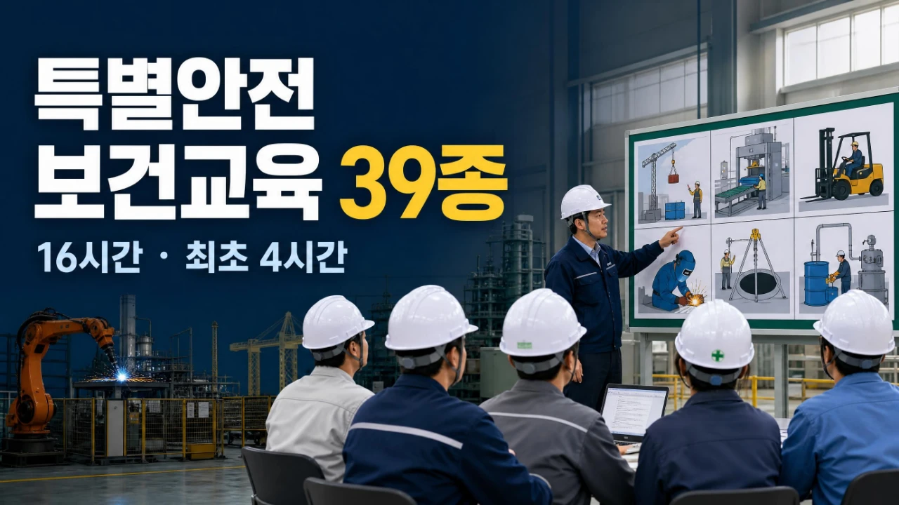 특별안전보건교육 39종과 16시간·최초 4시간 기준을 안내하는 산업현장 안전교육 모습