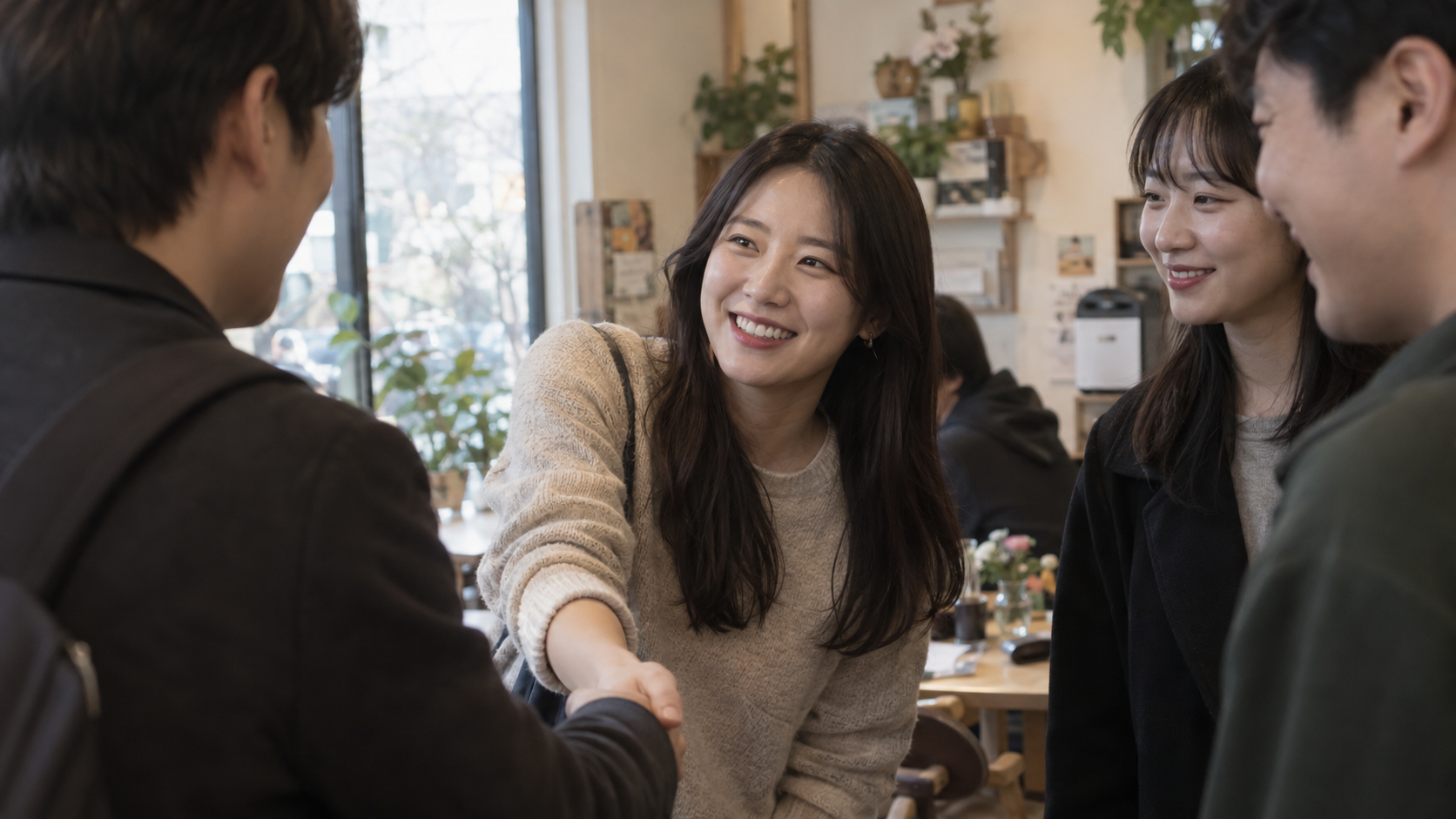 처음 만나는 사람들 사이에서 가볍게 인사하는 사람