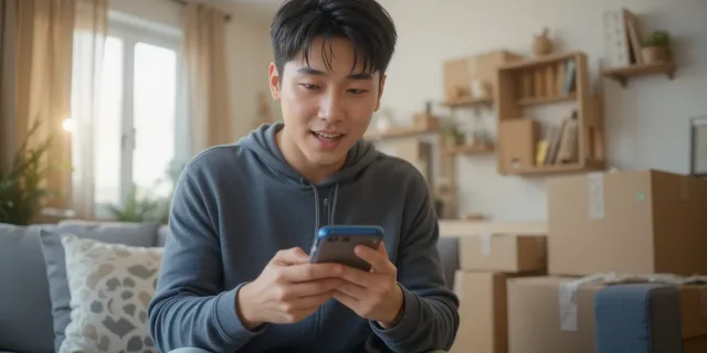 거실 바닥에 앉아 태블릿으로 이사후 해야할일 리스트를 정리하는 남자 모습