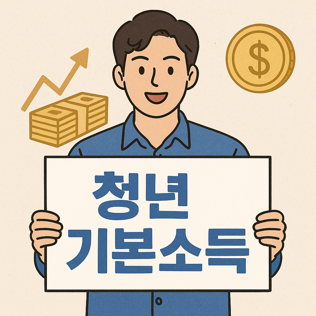 청년기본소득 표지판을 들고있는 청년의 모습