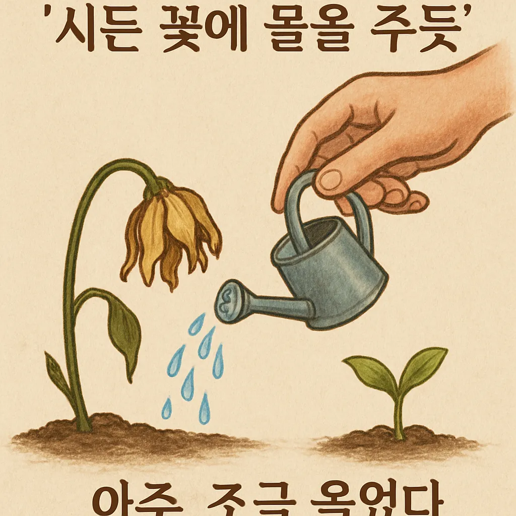 시든 꽃에 누군가가 조심스럽게 물을 주고 옆에 새싹이 돋아나는 모습. 치유와 희망 상징