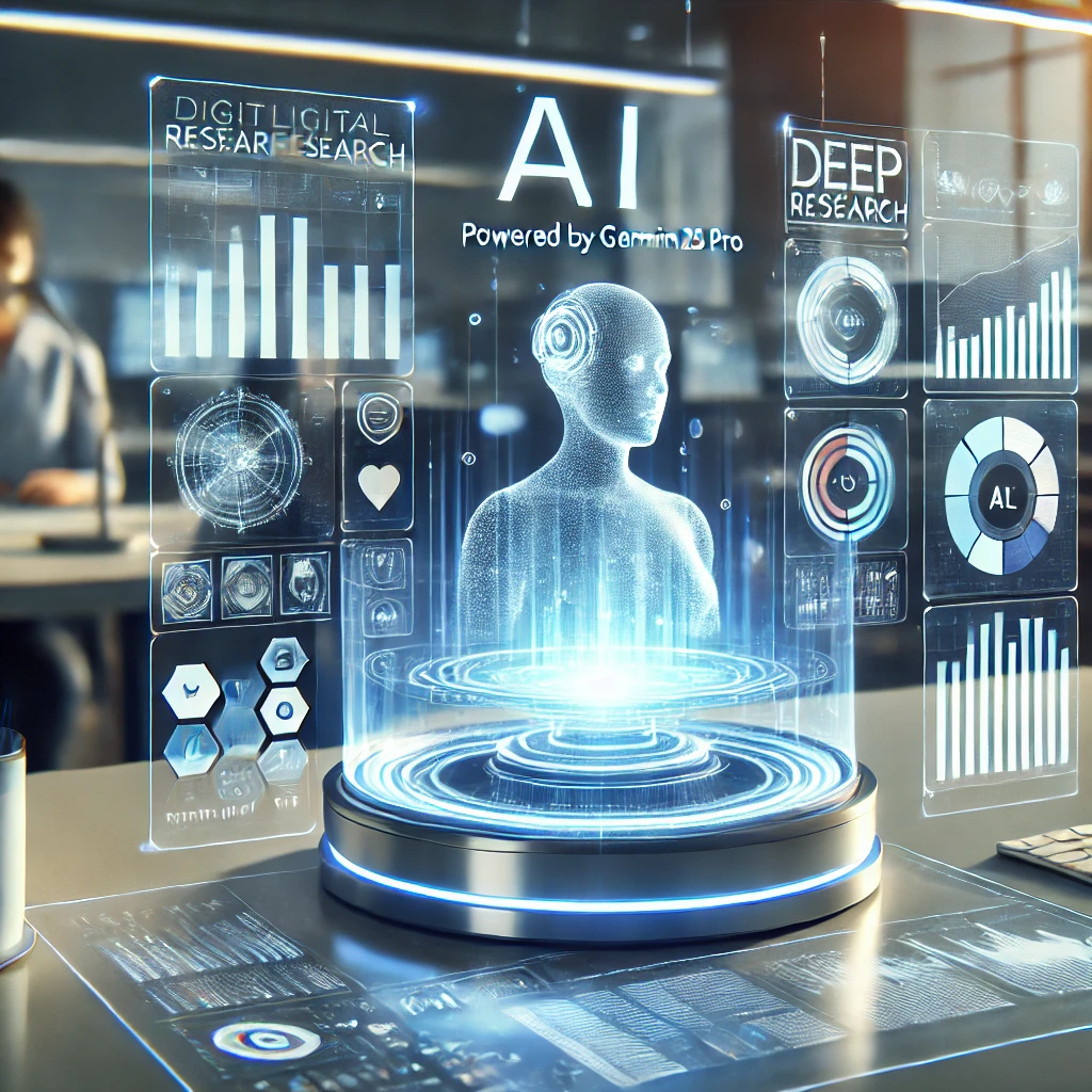 구글 제미나이 2.5 프로 기반 딥 리서치 기능을 시각화한 미래형 AI 리서치 인터페이스, 블루톤 조명의 현대적 책상 위에 홀로그램 형태로 그래프와 문서가 떠 있는 모습