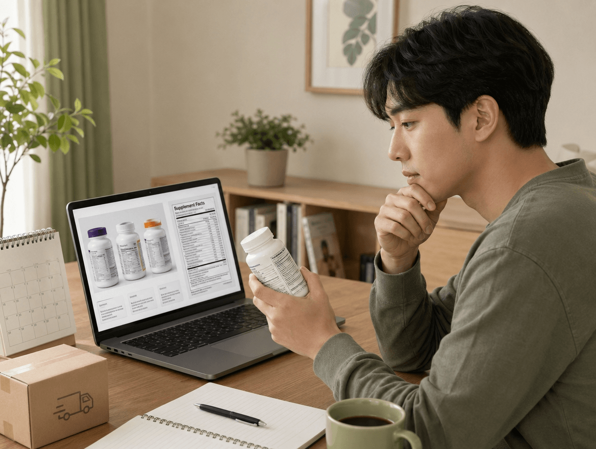 미국 브랜드 직구형 멀티비타민을 비교하는 사람 이미지