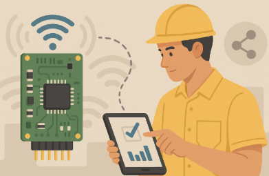 무선 모듈 통신 점검 장면을 표현한 평면 일러스트로, 기술자가 태블릿을 통해 신호 상태를 확인하고, 옆에는 회로 기판 형태의 무선 모듈이 무선 신호 아이콘과 함께 표시된 모습