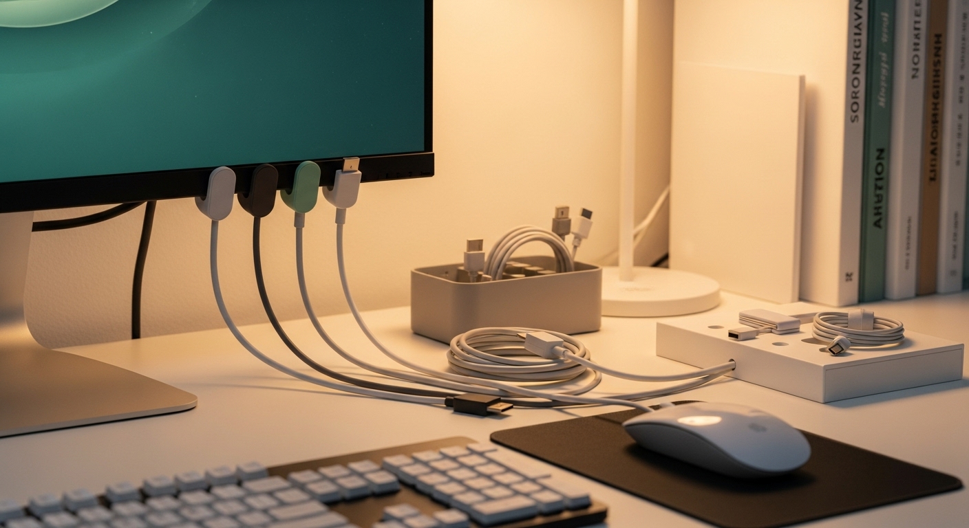 깔끔하게 정리된 컴퓨터 책상 위에 케이블 정리함과 자석 클립으로 정돈된 충전 케이블들이 보인다. 모니터와 키보드가 있어 효율적인 작업 환경을 보여준다.