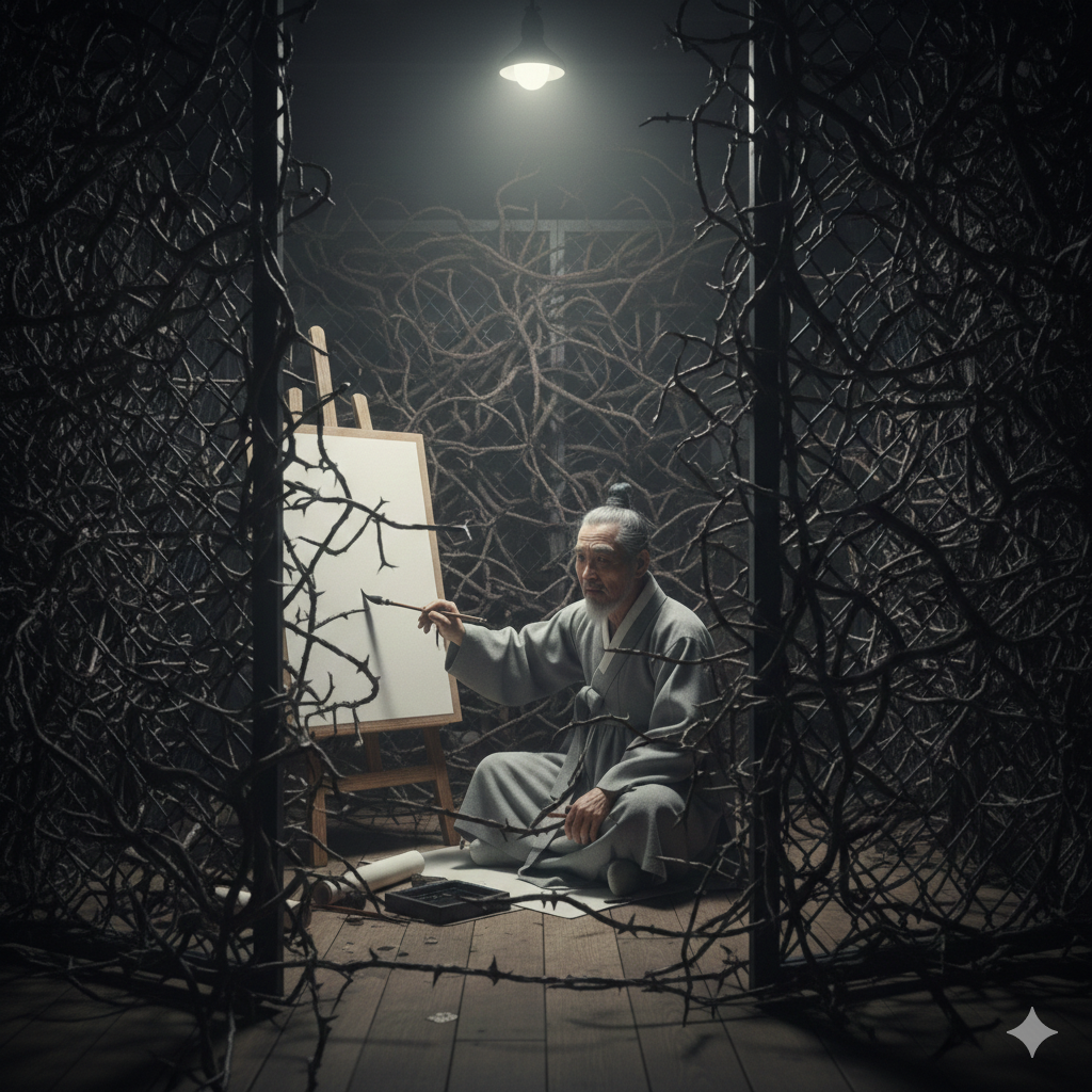 가시 덤불로 사방이 막힌 어두운 공간에서 노년의 화가가 빈 캔버스 앞에 붓을 든 채 고뇌하며 앉아 있는 모습