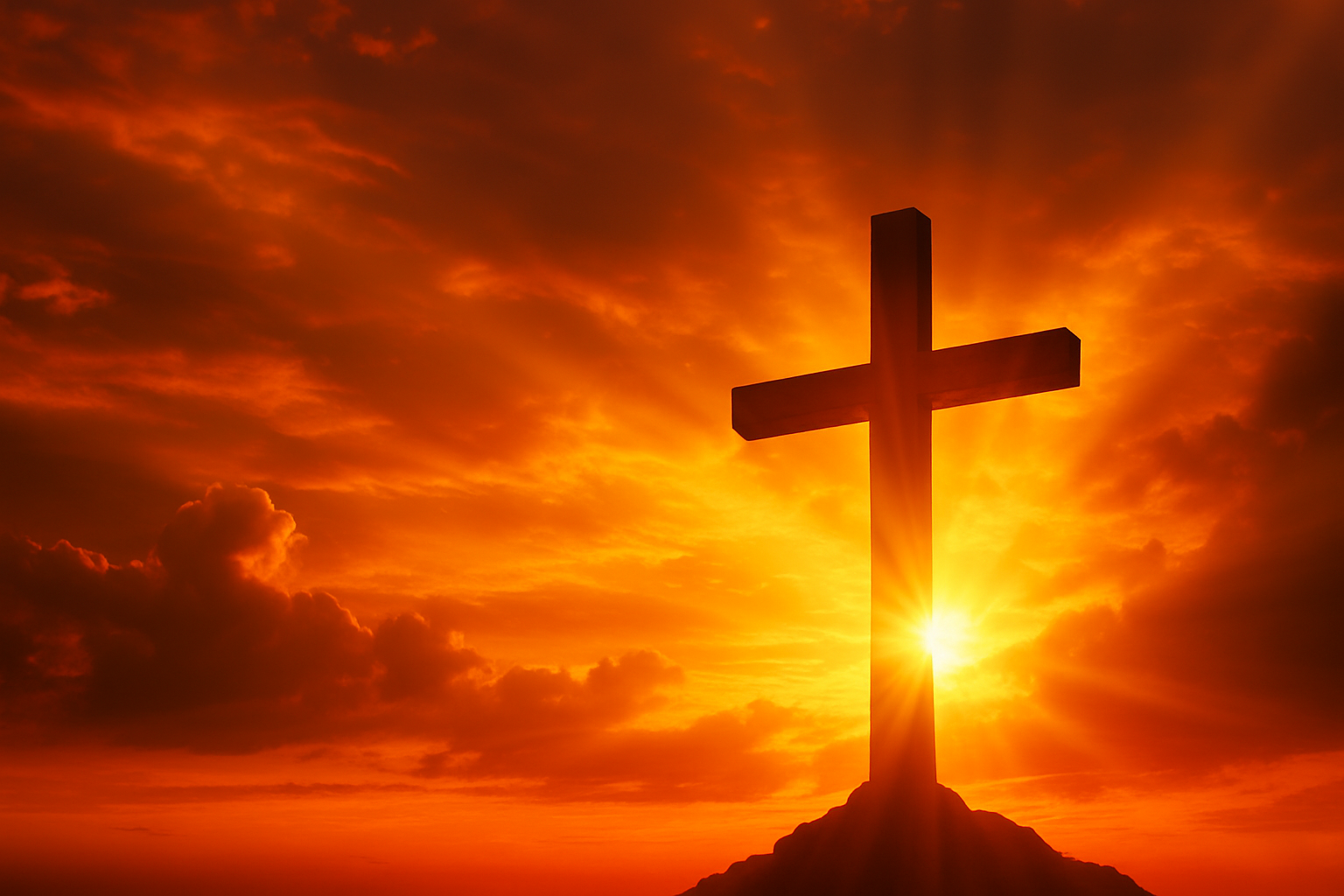 “드라마틱한 가을 노을빛 하늘을 배경으로 교회 종탑 위 십자가가 황금빛 햇살을 머금고 서 있는 모습. 웅장하면서도 은혜로운 주일 예배의 상징적 장면.”