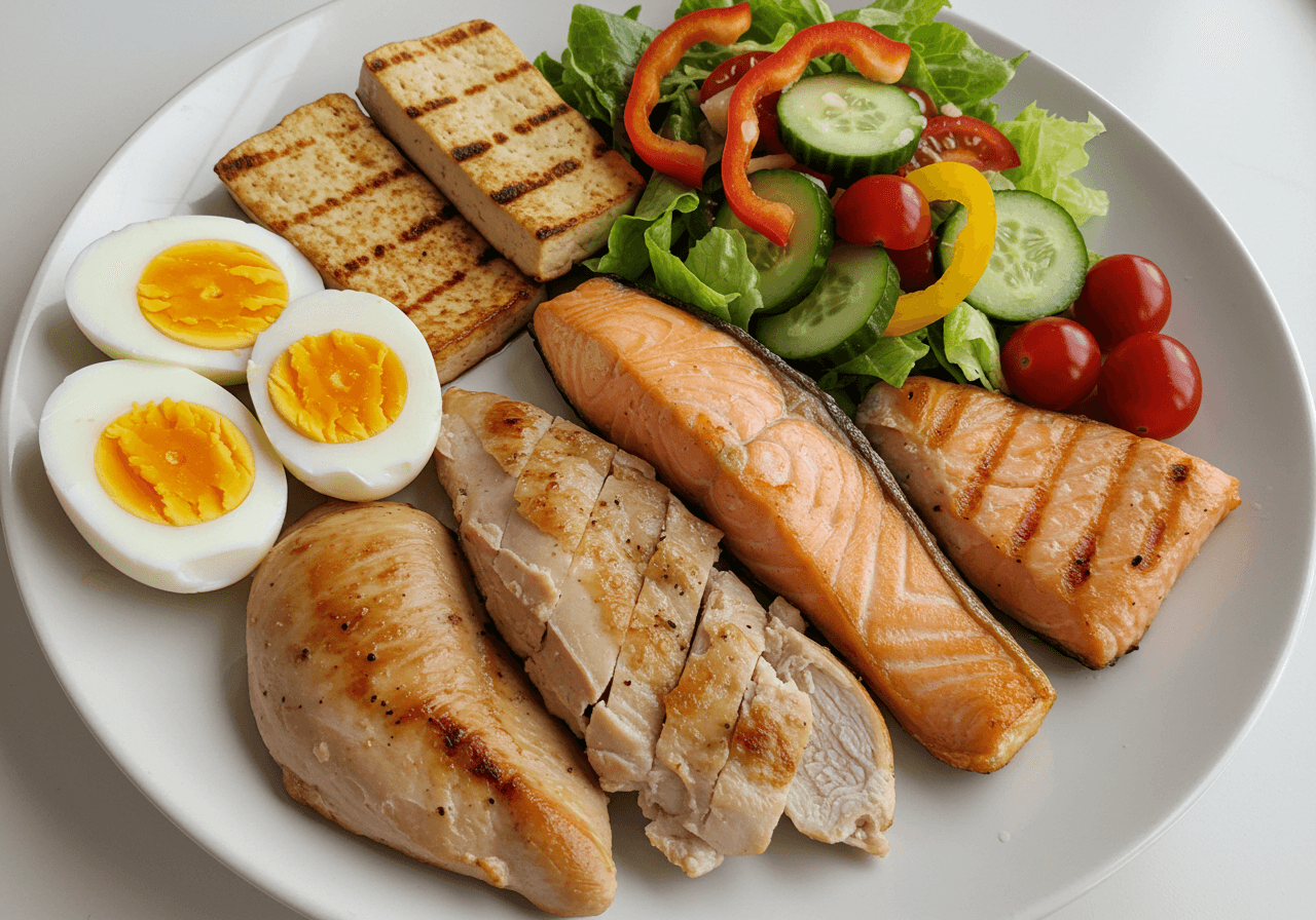 연어 구이와 닭가슴살, 구운 두부, 삶은 달걀, 채소 샐러드가 담긴 고단백 식사 한 접시