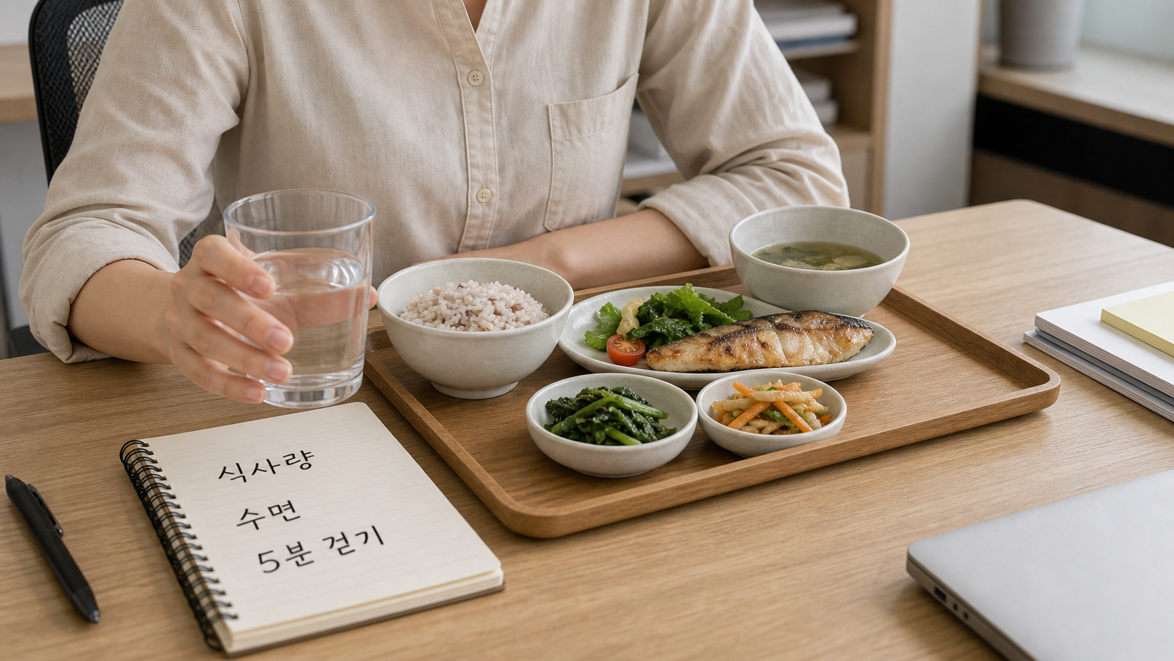 식곤증 줄이는 법을 위해 점심 식사량과 메뉴를 확인하는 장면