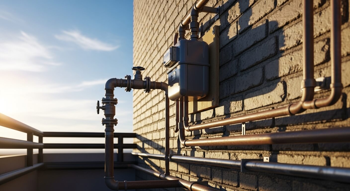 건물 외벽에 설치된 가스 배관과 계량기