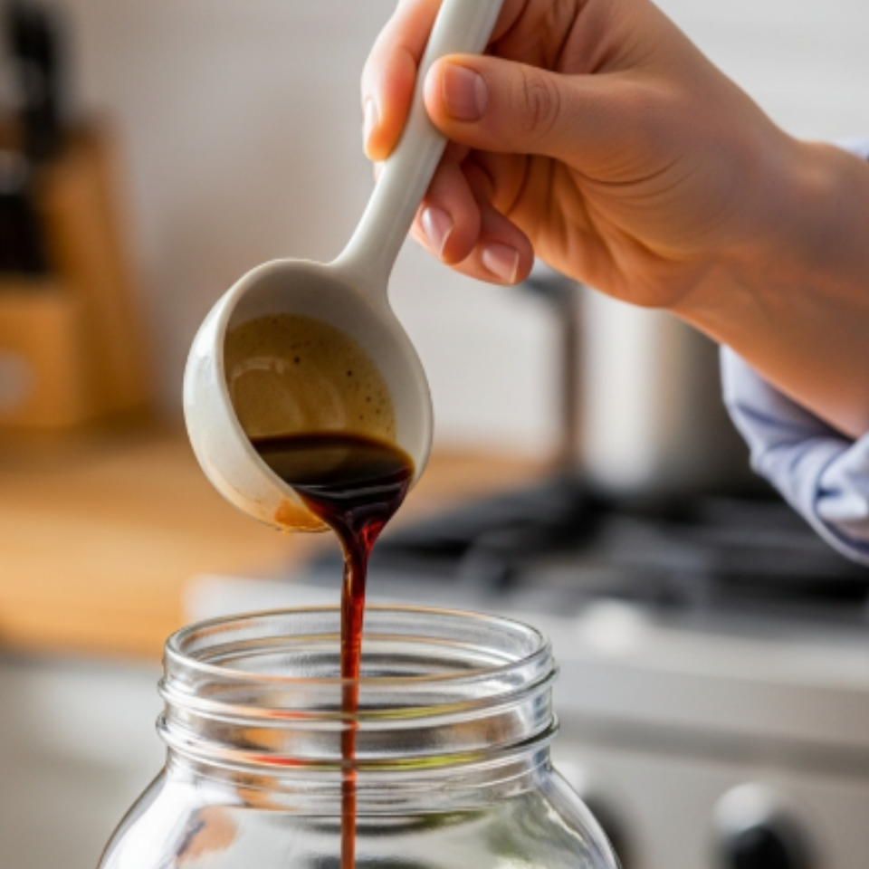 병에 끓인 간장을 붓는 모습