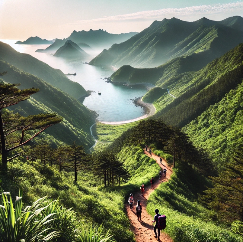 푸르른 푸른 산과 경치 좋은 해안길, 그리고 한 무리의 등산객들이 경치를 즐기고 있는 한국 트레킹 트레일의 숨막히는 장면. 울창한 숲을 굽이치며 멋진 파노라마 전망으로 펼쳐지는 잘 관리된 트레일이 자연 트레킹의 정수를 담고 있습니다