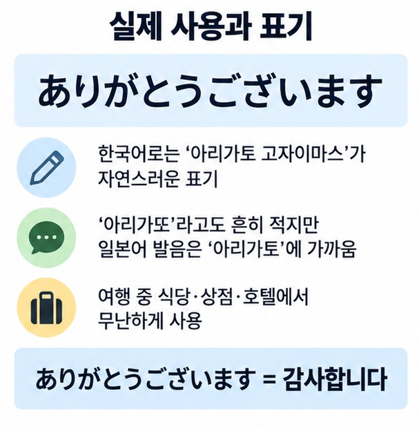 ありがとうございます 일본어 표기와 아리가토 고자이마스 발음, 더 정중한 감사 표현을 정리한 이미지