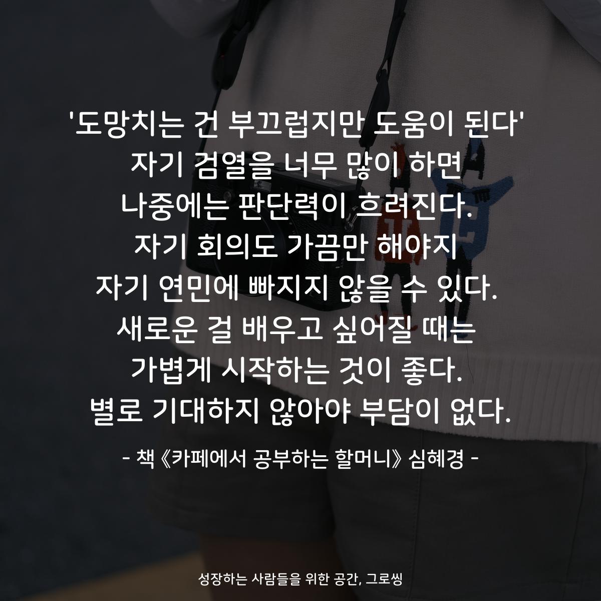 '도망치는 건 부끄럽지만 도움이 된다'
자기 검열을 너무 많이 하면
나중에는 판단력이 흐려진다.
자기 회의도 가끔만 해야지
자기 연민에 빠지지 않을 수 있다.
새로운 걸 배우고 싶어질 때는
가볍게 시작하는 것이 좋다.
별로 기대하지 않아야 부담이 없다.