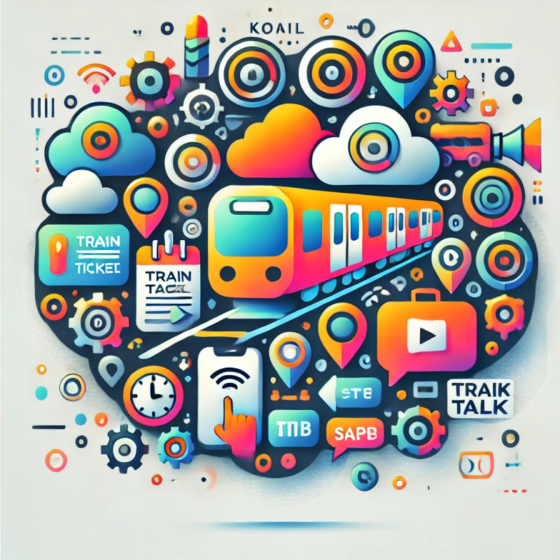 코레일톡 앱 다운로드 아이콘과 열차 티켓 요소를 추상적으로 표현한 다채롭고 현대적인 그래픽