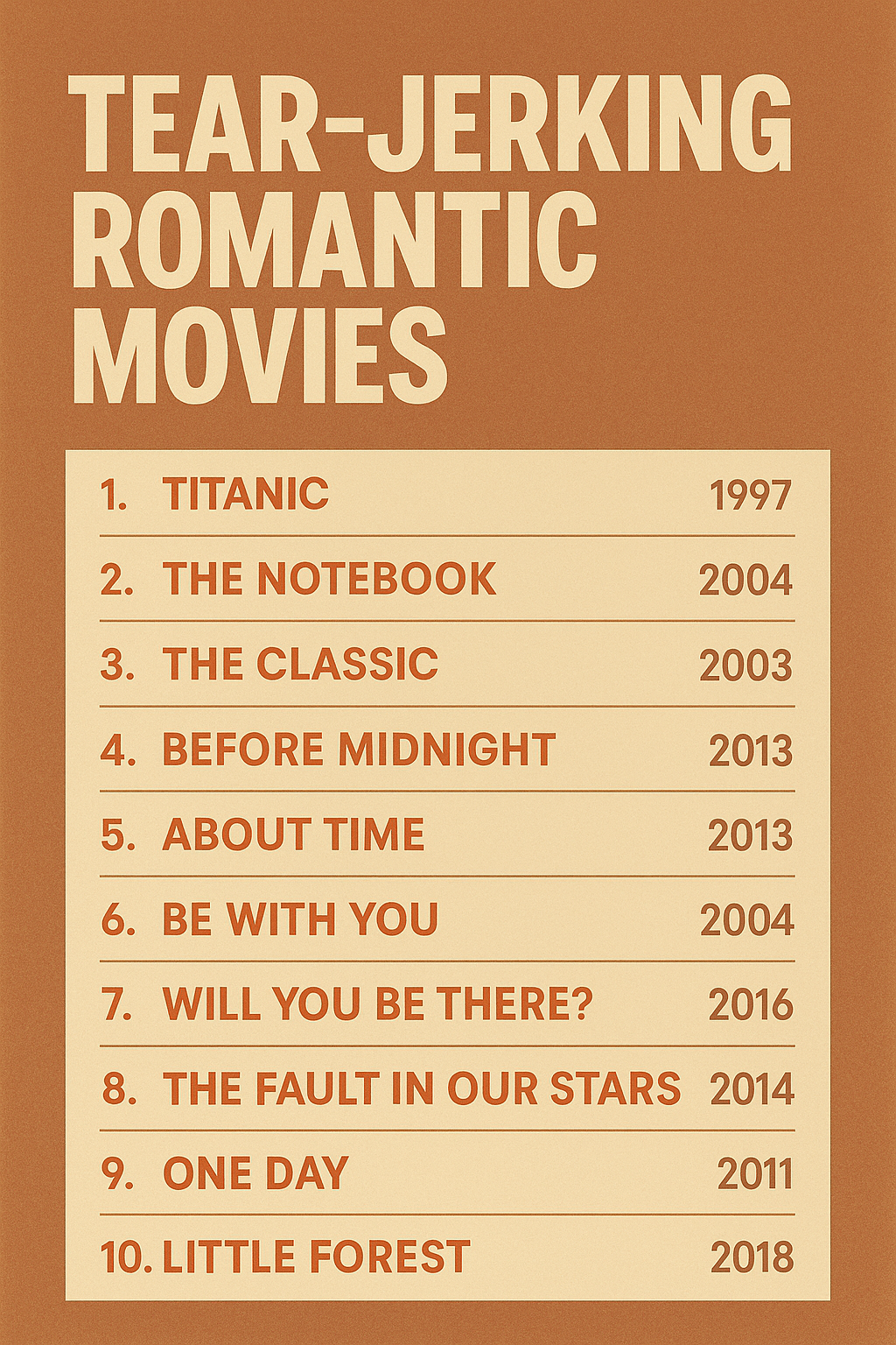 A heartfelt infographic list of ten tear-jerking romantic films in warm, comforting tones