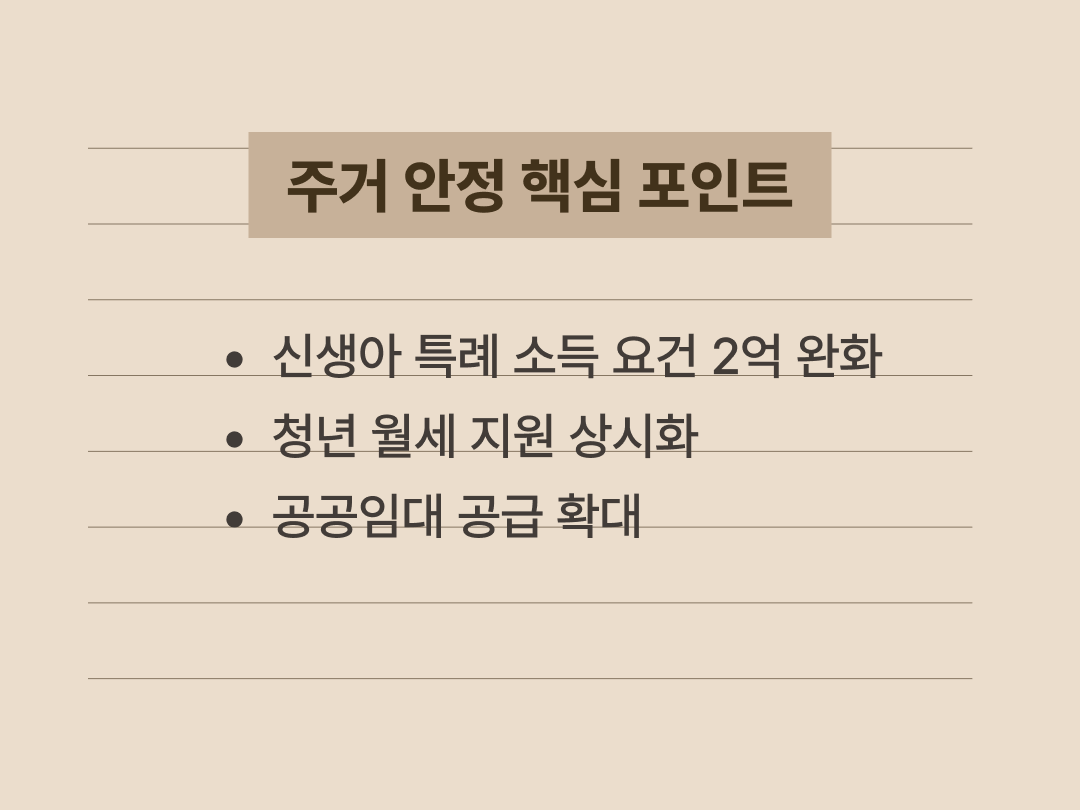 신생아 특례대출 조건 완화와 주거 지원 상시화 내용을 담은 주거 정책 요약 카드