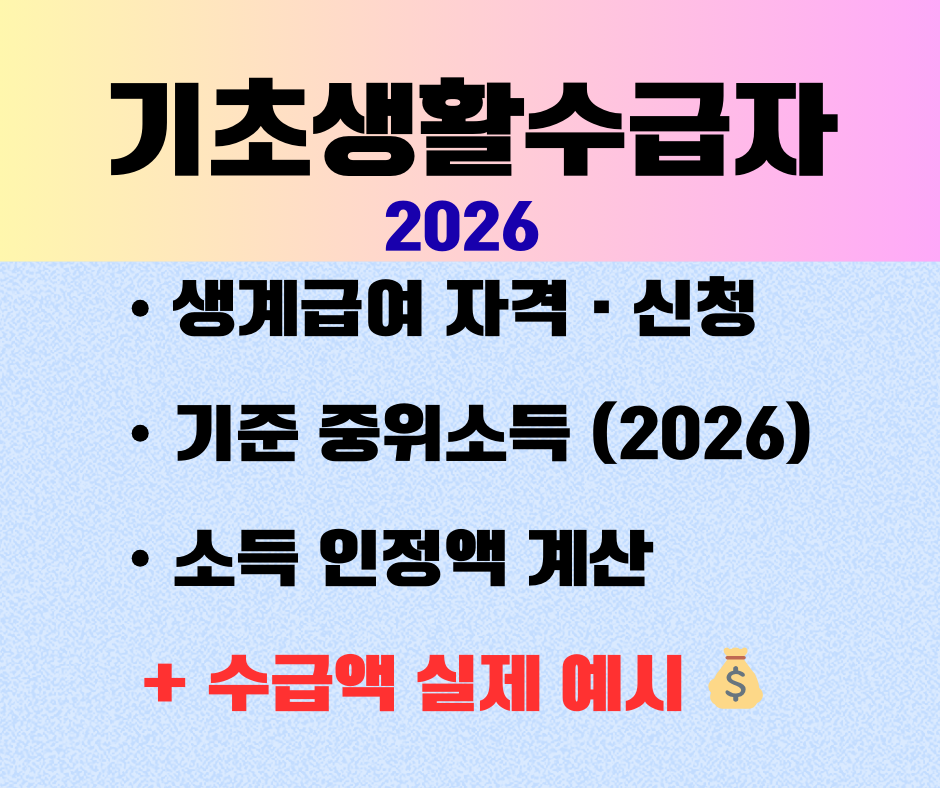 기초생활수급자 생계급여 자격 및 신청 방법, 절차, 수급액 계산 예시, 기준 중위소득 2026년 최신 반영 안내 썸네일 이미지