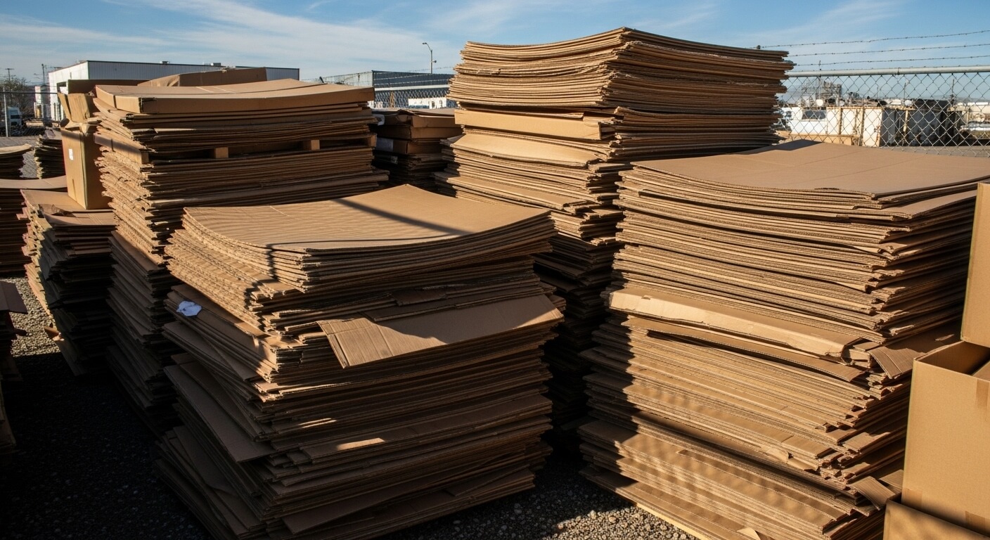 야외에 평평하게 쌓여 있는 대량의 골판지 박스