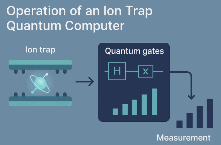 이온트랩 양자컴퓨터의 작동 방식 개요. 왼쪽에는 이온이 전자기장에 의해 떠 있는 모습이 있으며, 가운데에는 H와 X 양자 게이트가 있는 회로 박스가 나타나 있고, 오른쪽에는 큐비트 상태 측정을 나타내는 막대 그래프가 단계적으로 높아지는 형태로 표현됨. "Ion trap → Quantum gates → Measurement" 흐름이 시각적으로 설명됨.