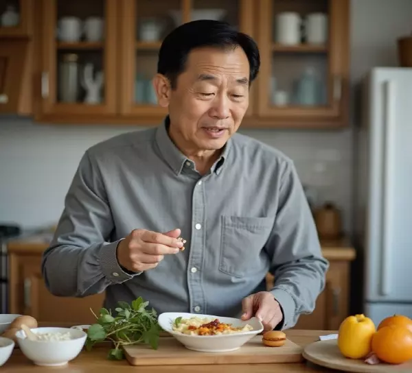 식사 후 영양제를 먹고 있는 50대 남성