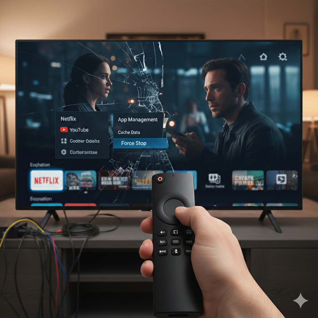 어두운 거실에서 사용자의 손이 스마트 TV 리모컨을 쥐고 TV 화면의 앱 관리 메뉴를 조작하는 1인칭 시점의 실사 이미지예요. TV 화면에는 넷플릭스 영화 장면 위로 'Force Stop'과 'Cache Data'라는 영문 텍스트가 포함된 시스템 설정 창이 띄워져 있으며, 화면 한쪽은 저화질로 인해 깨진 듯한 시각적 효과가 연출되어 있어요. TV 주변에는 셋톱박스와 연결된 케이블들이 자연스럽게 배치되어 실제 사용 환경의 생동감을 전달해요.
