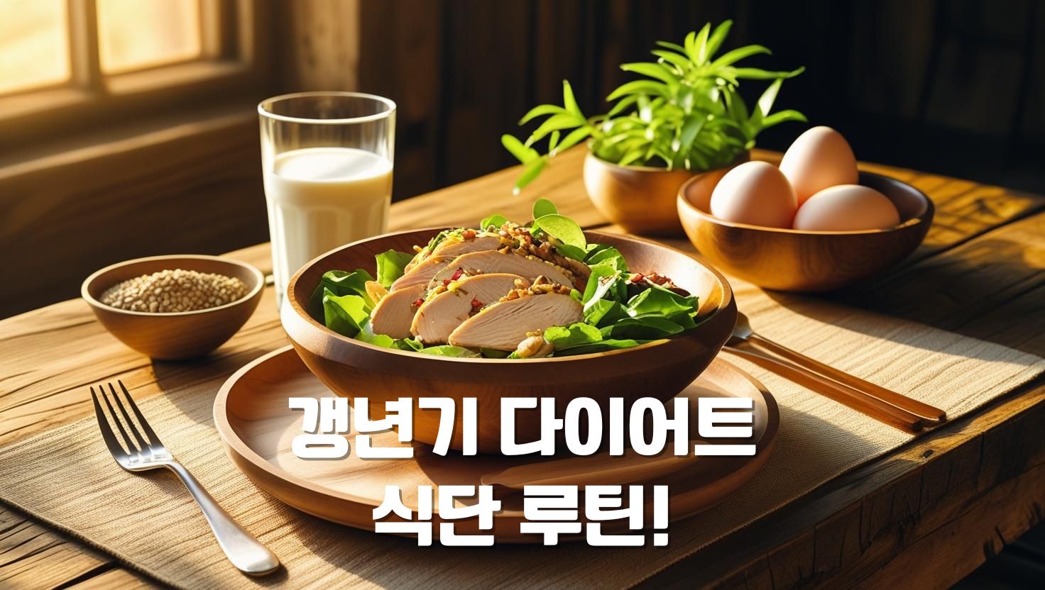 갱년기 다이어트를 위한 단백질 중심 건강 식단 – 삶은 달걀, 닭가슴살 샐러드, 두유 구성