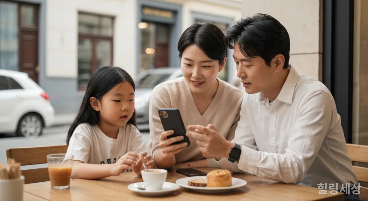 유럽 카페에서 부모와 초등학생 자녀가 AI 번역기 앱들을 비교하며 대화하는 모습
