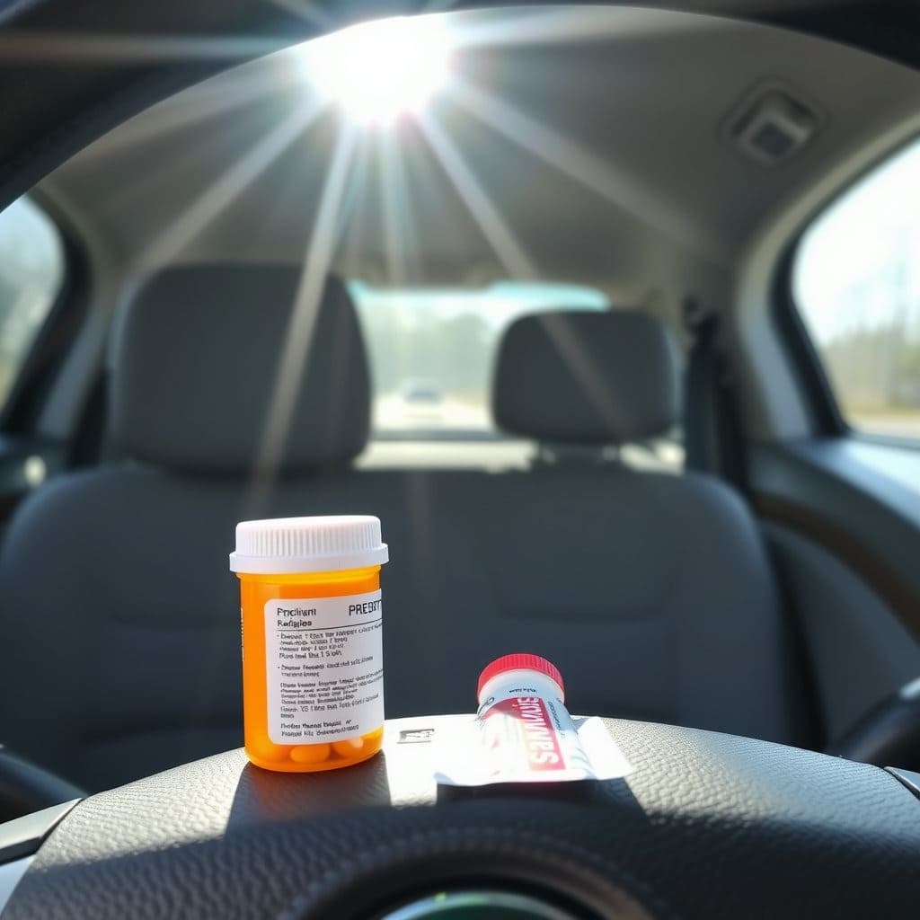 운전하기 전에 약을 복용하는 상황을 시각적으로 보여주어, 약물 복용 운전의 시작점을 나타냅니다. 이는 처방약이든 일반 의약품이든 운전 전 약물 복용의 중요성을 강조합니다.