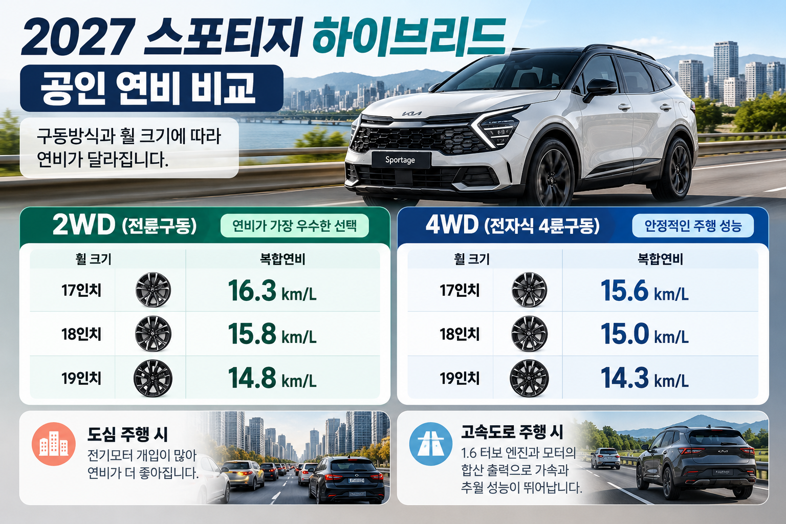 2027 스포티지 하이브리드 2WD와 4WD 구동방식 및 17&middot;18&middot;19인치 휠 크기에 따른 공인 복합연비 비교 이미지