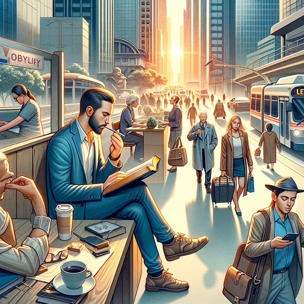 현대인이 바쁜 일상 속에서도 주님의 부르심을 기억하며 하나님을 알아가고 복음을 전하려는 모습을 담은 이미지입니다. 다양한 환경에서 잠시 멈추어 성경을 읽거나 기도하며, 주변 사람들과 믿음에 대해 이야기하는 장면이 그려져 있습니다.