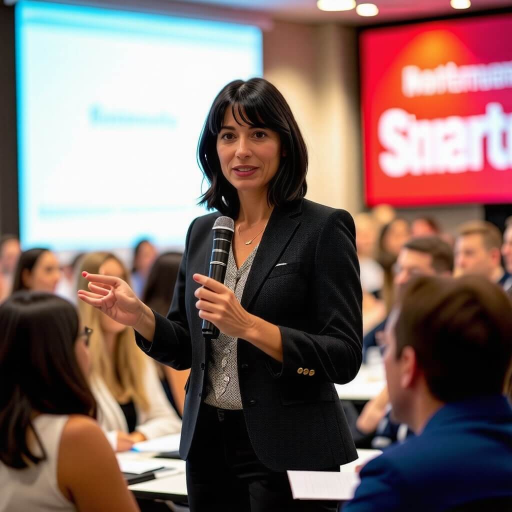 행사 진행자가 참가자들에게 안내하는 모습