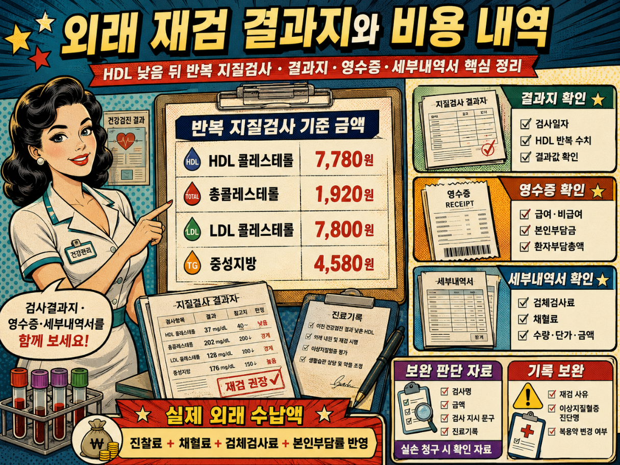 외래 반복 지질검사 결과지와 영수증, 세부내역서, 검사 비용 항목을 정리한 레트로 만화풍 인포그래픽