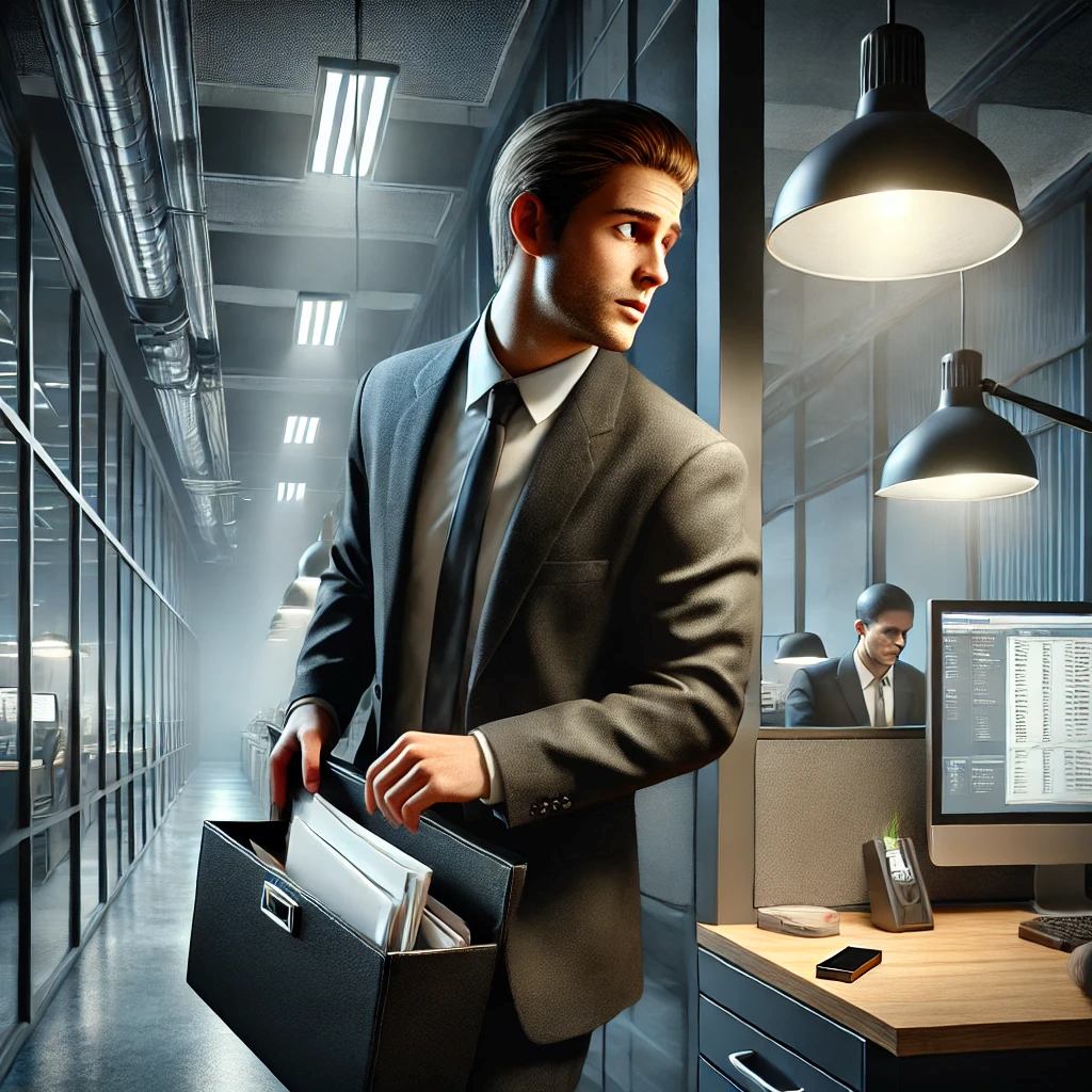 컴퓨터에서 회사원이 회사 기밀을 훔치는 중