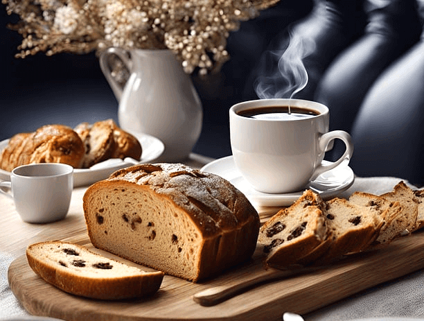 커다란 빵이 있고 하얀 커피잔에 연기가 나는 블랙커피가 가득하다. 지혜를 듬뿍 담은 빵이다.