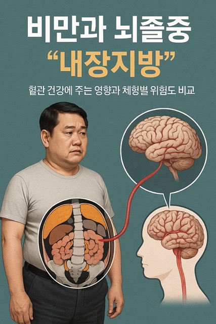 남성의 복부에 내장지방 단면과 뇌혈관을 연결하여 복부지방과 뇌졸중의 연관성을 설명한 인포그래픽(출처: 자체제작)