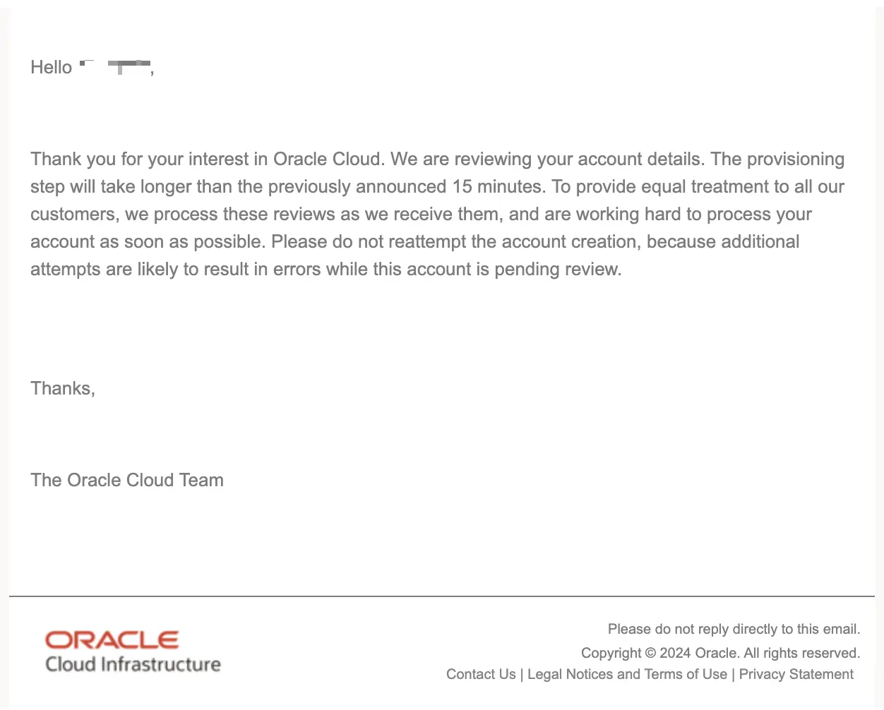 our Oracle Cloud Account is Pending Review Mail