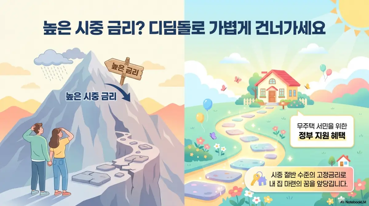디딤돌대출 조건: 높은 시중 금리를 산으로, 디딤돌대출을 징검다리 길로 표현한 이미지. 무주택 서민이 시중 절반 수준 고정금리로 내 집 마련의 꿈을 앞당길 수 있다는 정부 지원 혜택을 설명함