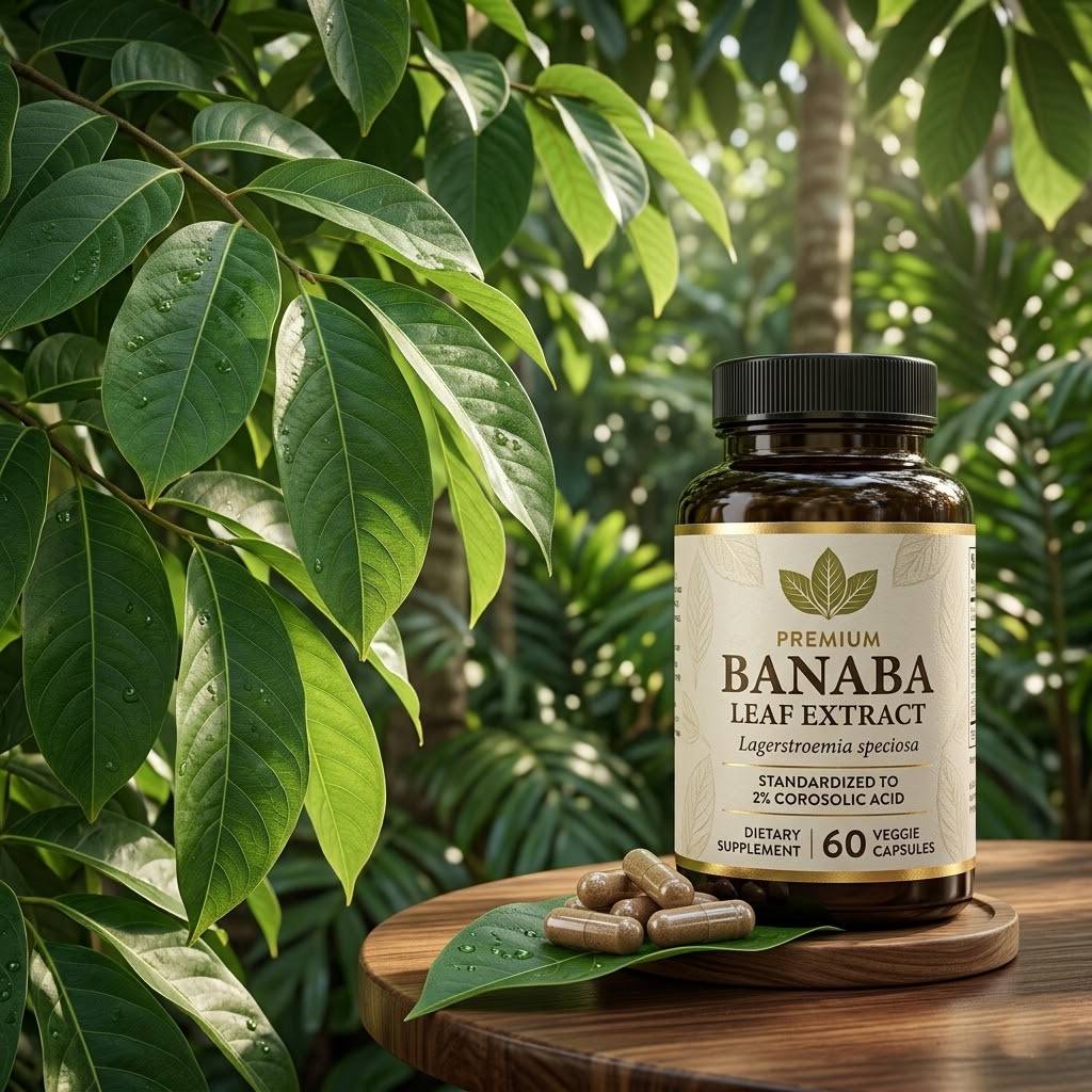 울창한 바나바 나무 잎사귀와 그 옆에 놓인 추출물 캡슐 제품