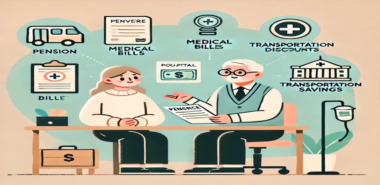 2025년 어르신 복지 혜택을 안내받는 장면 – 상담하는 어르신과 연금·병원비·교통비·공공요금 감면 관련 요소들이 함께 표현됨