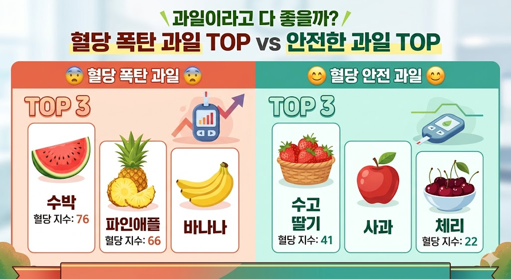 과일이라고 다 좋을까? 혈당 폭탄 과일 TOP 3 vs 안전한 과일 TOP 3 완벽 정리!