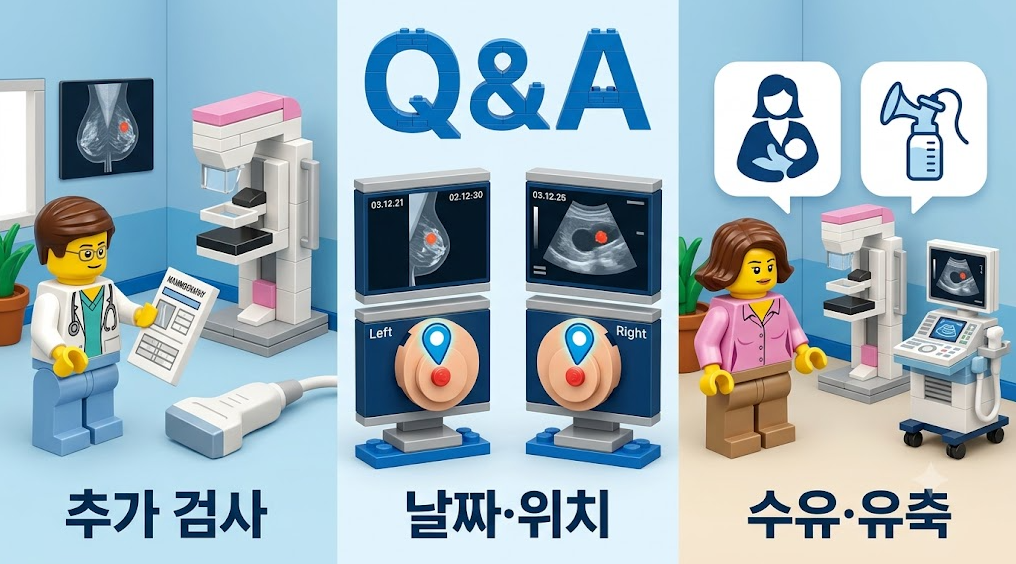 2. 레고 스타일 3D 블록 캐릭터로 표현한 유방촬영과 유방초음파 검사 관련 Q&amp;A 상담 및 안내 일러스트