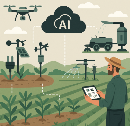 농업 인프라 IoT를 표현한 인포그래픽. 토양과 기후 센서, 드론이 데이터를 수집하고, 클라우드 AI 시스템이 이를 분석해 관수, 비료 분사, 병해충 방제 장치를 자동으로 제어하는 과정을 시각화한 이미지