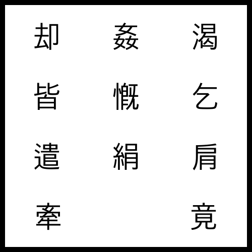 却 물리칠 각, 姦 간음할 간ː, 渴 목마를 갈, 皆 다 개, 慨 슬퍼할 개ː, 乞 빌 걸, 遣 보낼 견ː, 絹 비단 견, 肩 어깨 견, 牽 이끌 견, 牽 끌 견, 竟 마침내 경ː
