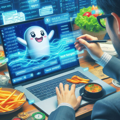 노트북 화면 속 가상 캐릭터와 데이터를 분석하는 장면.