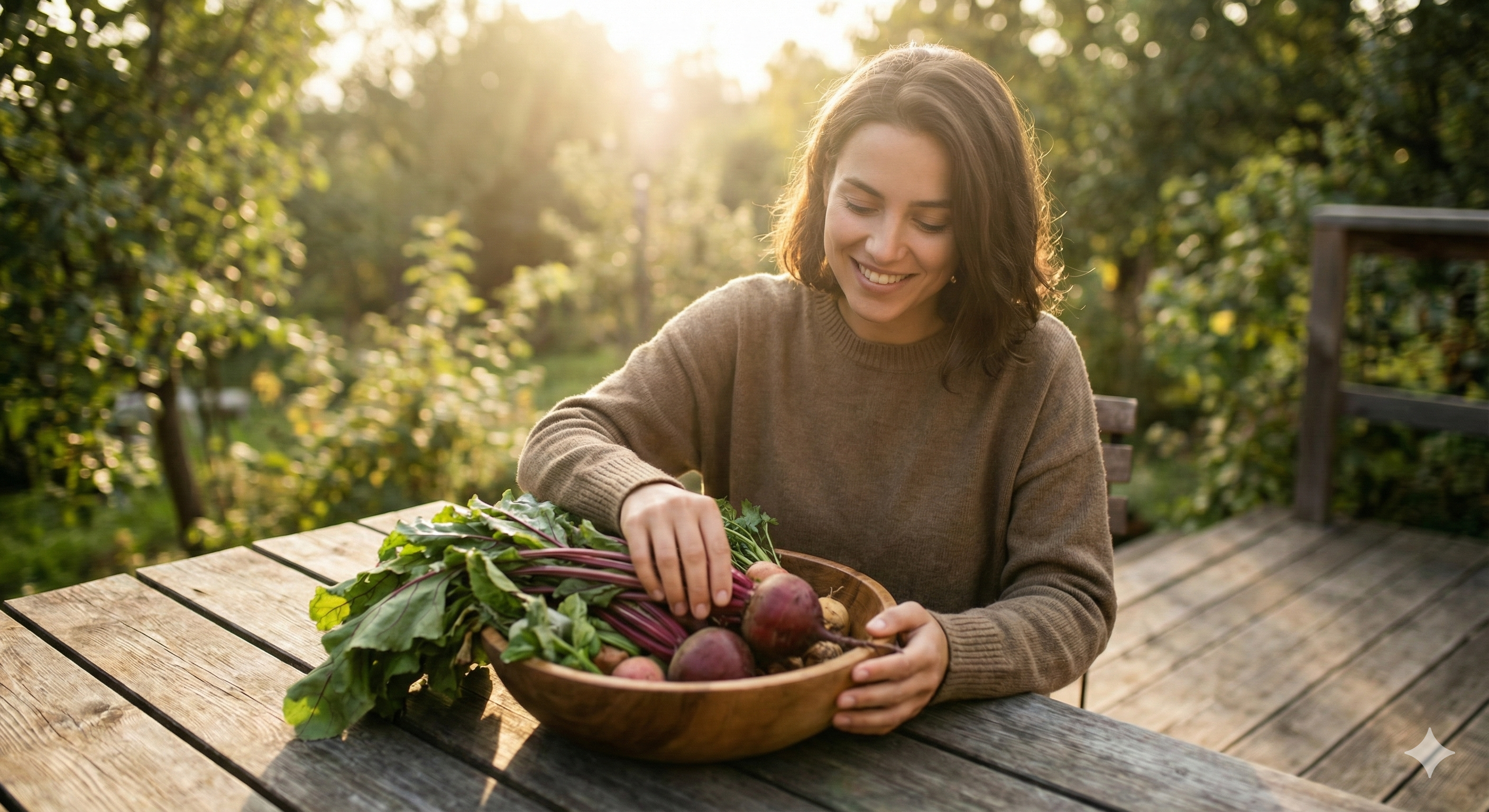 야외 나무 테이블에 놓인 신선한 비트와 녹색 채소들을 평온하게 바라보며 건강한 식단을 구상하는 지적인 여성의 모습.
