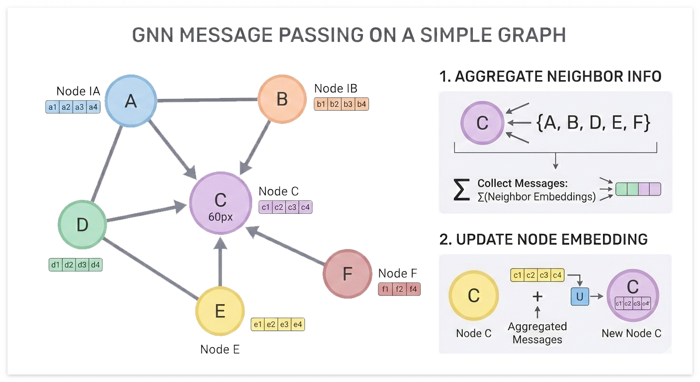 A clean diagram illustrating GNN message passing on a simple graph.