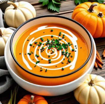 캐나다의 메이플 버터 호박 수프 - 가을철 단호박과 메이플 시럽으로 만든 부드러운 수프